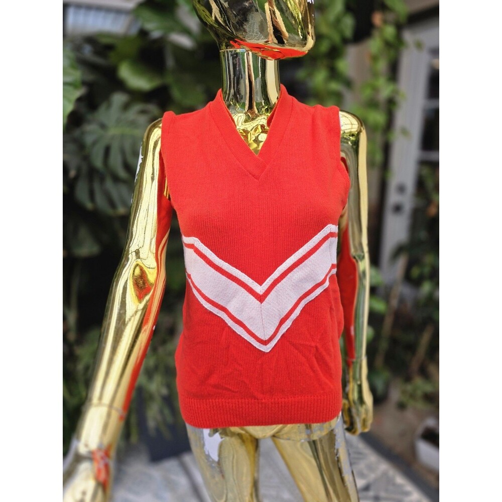 Vintage Dehen Knitting Co. Red Cheer Sweater Vest Sz L USA Made Acrylic V-Neck
